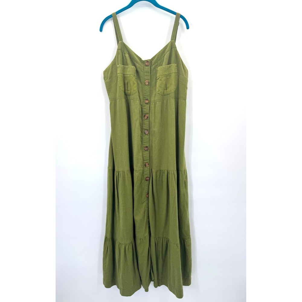VTG Farm Rio Green Tiered Linen Button Front Maxi Dress L Granola Garden Fairy